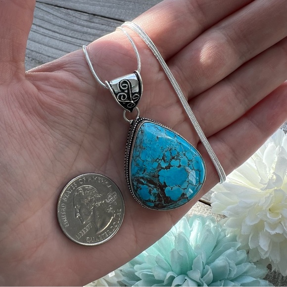 Turquoise Pendant Necklace Sterling Silver 925 Vintage Style Pear New - Picture 3 of 6
